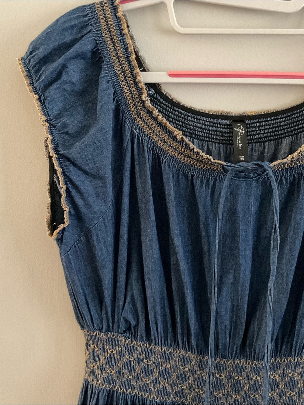 Indigo & Lace Blue denim Embroidered tiered boho long dress size M - Picture 6 of 10